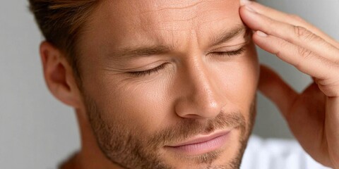 Obraz premium Man with Eyes Closed Touching Forehead
