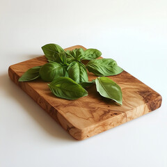 Fresh basil leaves arranged on a wooden chopping board, green and aromatic