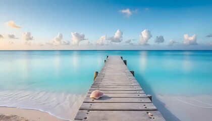 Fototapeta premium Serene ocean view with a wooden pier and seashell at sunrise