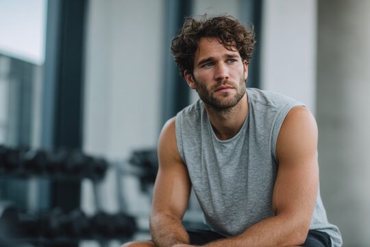 Athletic Man Resting in Gym - Powered by Adobe