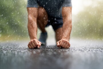 Runner Preparing for Sprint in Rain