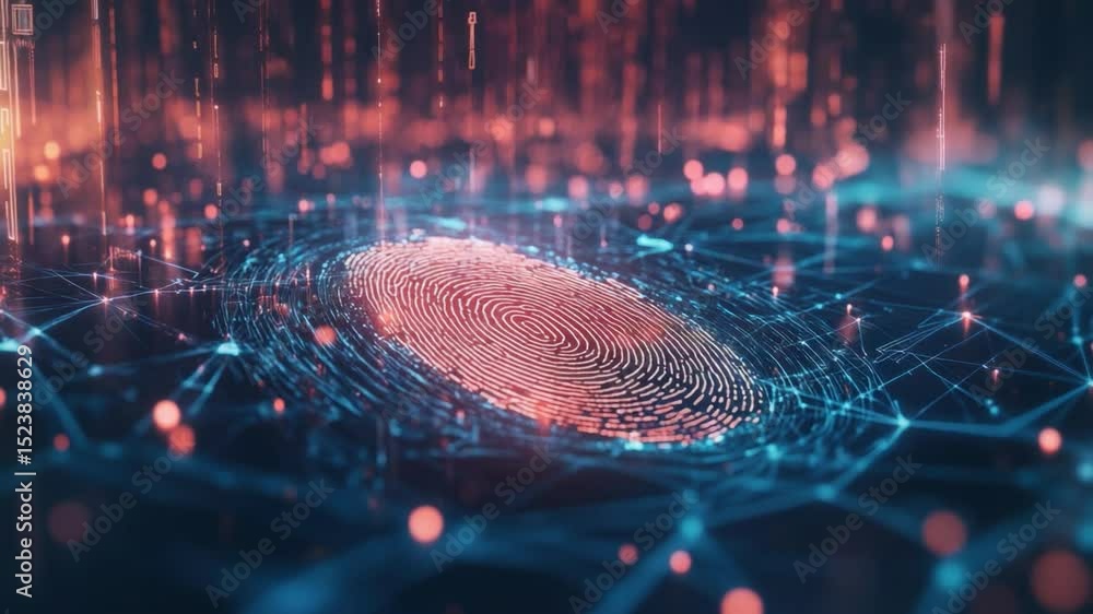 Poster Cybersecurity Fingerprint: A digital fingerprint glows intensely, nestled within a complex network of interconnected nodes and data streams, symbolizing the intricate world of cybersecurity. 