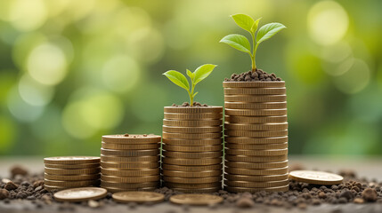 Growth of wealth represented by coins and a green plant in a stack