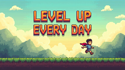 Pixel art. pixelated clouds, grass platforms, and a hero character jumping. 'Level Up Every Day'.