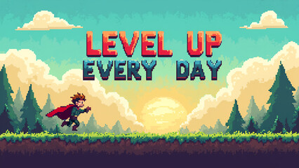 Pixel art. pixelated clouds, grass platforms, and a hero character jumping. 'Level Up Every Day'.