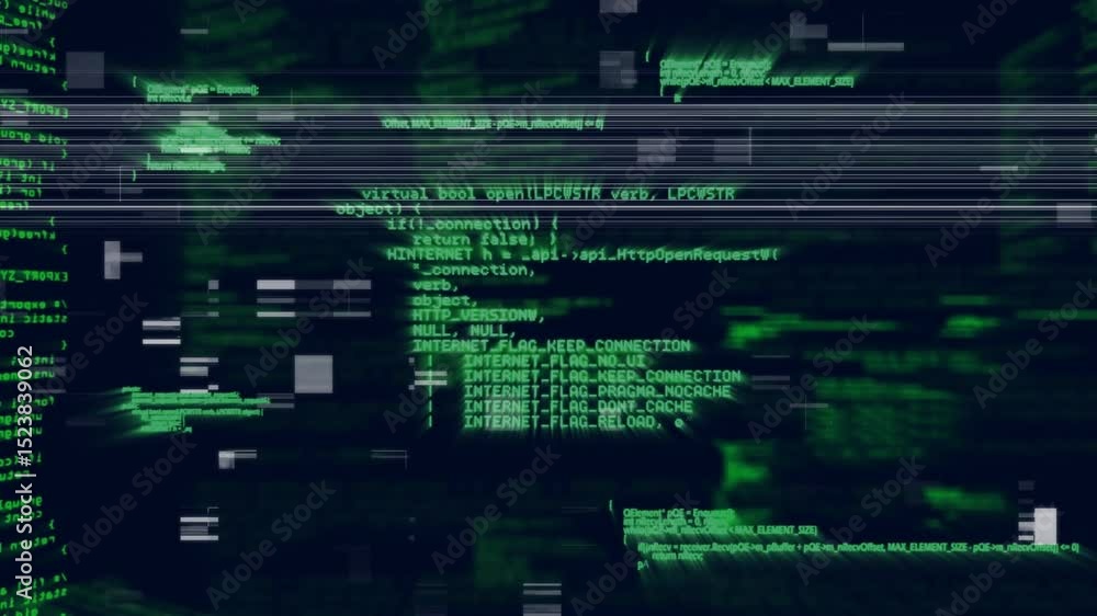 Poster upon launching dark terminal green code cycling sections under glitch bars highlighting segment