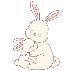 Cute hand drawn Rabbit and baby cuddling mother's day illustration