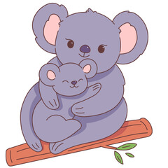 Cute hand drawn Koala and baby cuddling mother's day illustration