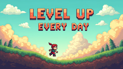 Pixel art. pixelated clouds, grass platforms, and a hero character jumping. 'Level Up Every Day'.