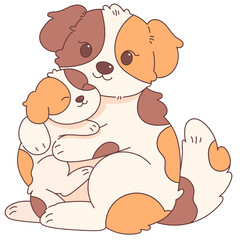 Cute hand drawn Dog and puppy cuddling mother's day illustration