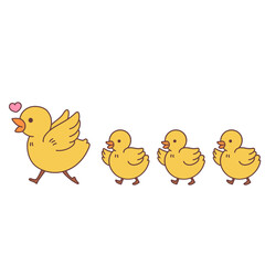 Cute hand drawn Mother bird and chicks walking following mother's day illustration