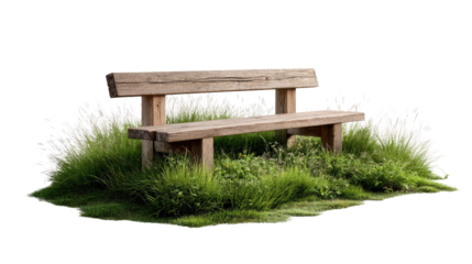 Resting Bench in Nature's Embrace: A weathered wooden bench, nestled amidst a vibrant patch of green grass, creates a tranquil scene, inviting relaxation and contemplation in the heart of nature.