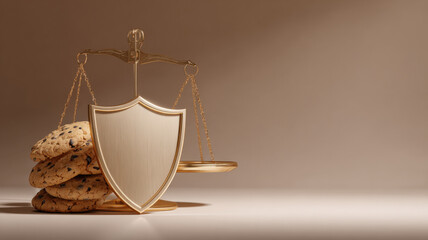 A scale weighing cookies and a shield icon, symbolizing data tracking vs privacy
