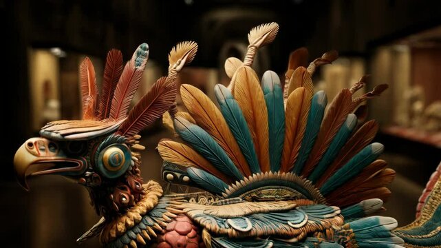 Ornate bird sculpture with feathers in amber and turquoise, museum exhibit, artistic object with cultural significance and detailed craftsmanship.