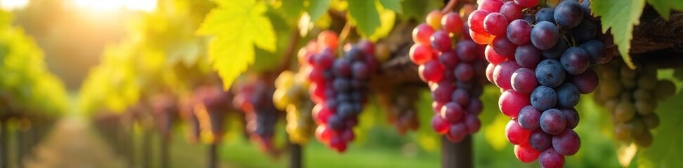 Sun-drenched bunches of winemaker grapes hanging heavy on the vine, ready for harvest Vibrant green leaves frame the plump, ripe fruit , agriculture, rural scene, sunlight