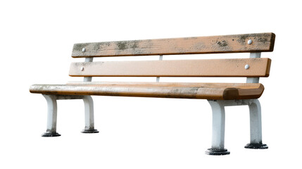 Park Bench: A weathered wooden park bench with white metal legs sits invitingly, ready for someone to sit and contemplate.