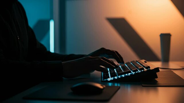 Focused hands typing on glowing keyboard, coding in dim studio lighting atmosphere