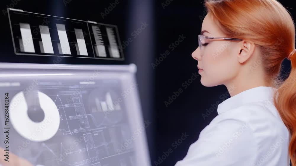 Poster tech-savvy scientist: a focused scientist wearing glasses engages with cutting-edge technology and t
