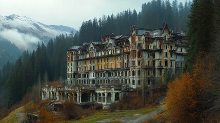 Fototapeta premium Ruined hotel in mountains