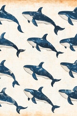 Adorable small whales arranged in a vintage style texture, banner-ready design.