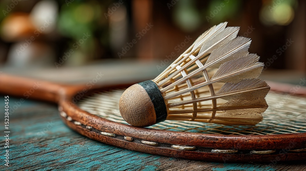 Poster shuttlecock resting on a badminton racket with a blurred background