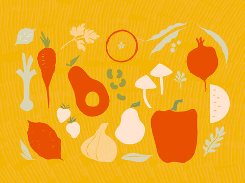 Colorful food illustration. Vegetables legumes fruit herbs beans on yellow background