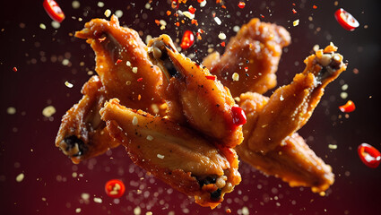 "Explosive Spicy Fried Chicken Wings in Mid-Air – Ultra HD Food Art with Chili, Garlic, and Sauce"