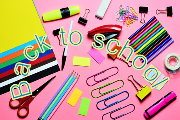 School supplies, various full color accessories, zenith view. Back to school.