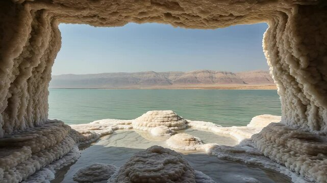 Surreal Salt Cave Vista Overlooking the Serene Waters of the Dead Sea Landscape