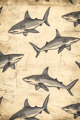 Nostalgic retro texture with minute shark shapes, displayed in pastel tones