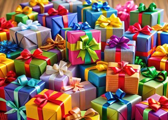 Fototapeta premium Colorful gift boxes overflow, a festive mountain of presents for holidays and birthdays. Abundance and joy.