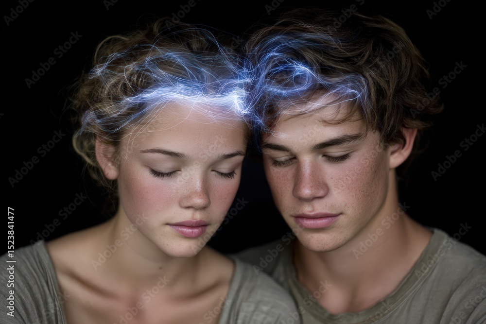 Poster young couple experiencing emotional connection with glowing energy field between their heads creatin