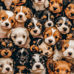 Hundreds of adorable small puppies forming a seamless retro texture for packaging design.