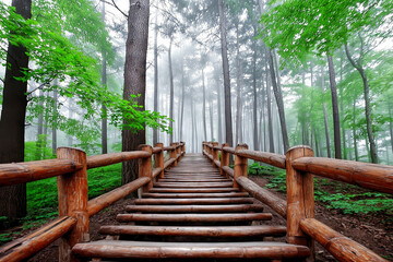 Fototapeta premium Wooden stairway leading through foggy forest