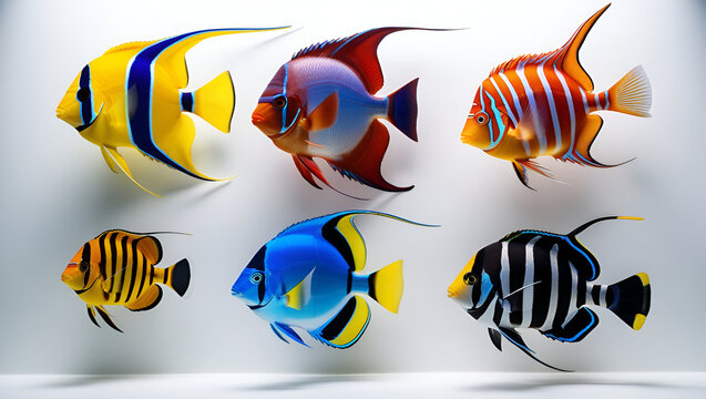Collection of marine angelfish displayed on a clean white background &mdash; includes Emperor, Flame, Bellus, Regal, and Japanese Swallowtail species.