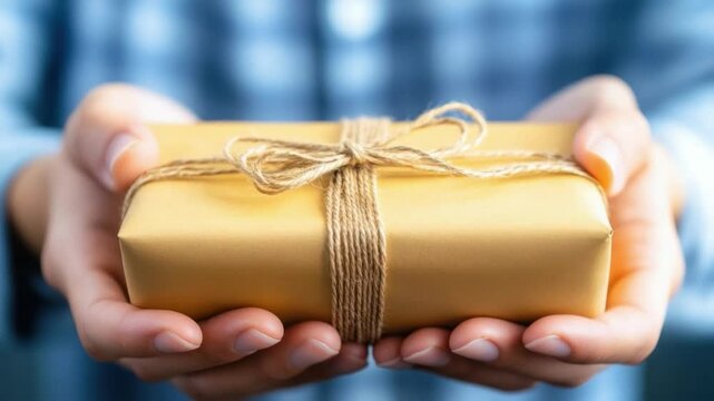 Gift Giving Ceremony: Two hands gently present a beautifully wrapped gift, its rustic twine and warm-toned paper creating a sense of anticipation and generosity.