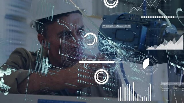 Technology technician tightening arm cable on input for calibration, holographic charts expanding