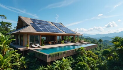 Obraz premium Sustainable luxury home with solar panels and infinity pool in nature