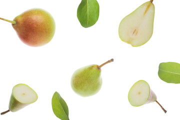 Flying ripe pears isolated on white background