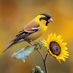 Naklejka premium A single Evening Grosbeak perched on a sunflower with a vibrant yellow background