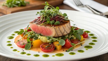 Savoring vibrant flavors with a thyme-infused tuna dish accompanied by colorful garden vegetables and a hint of sauce