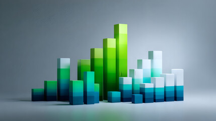 Fototapeta premium A colorful 3D bar graph with varying heights representing statistical data on a neutral gradient background.