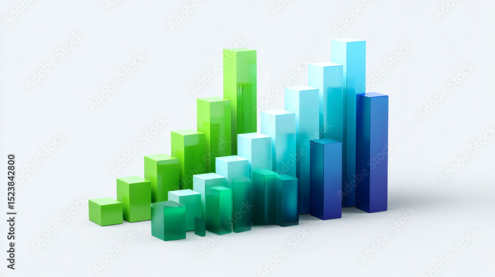 Poster a colorful 3d bar chart displaying data trends with green and blue gradient bars on a white backgrou