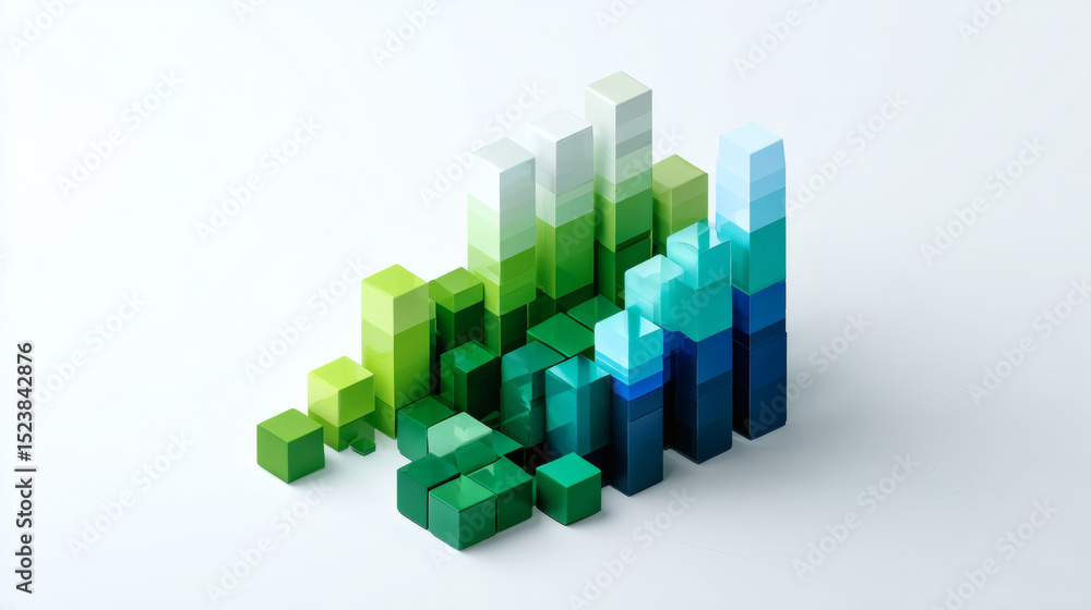 Poster colorful 3d glass blocks arranged as a bar graph on a white background, symbolizing data analysis an