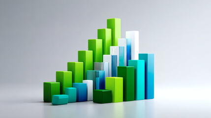 Fototapeta premium Colorful 3D bar graph with green and blue rectangular blocks arranged on a light background, representing data visualization.