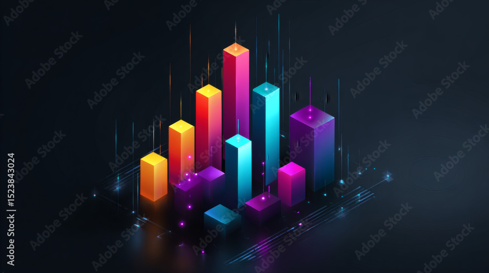 Poster vibrant 3d bar chart with glowing neon colors on a dark background, representing data visualization 