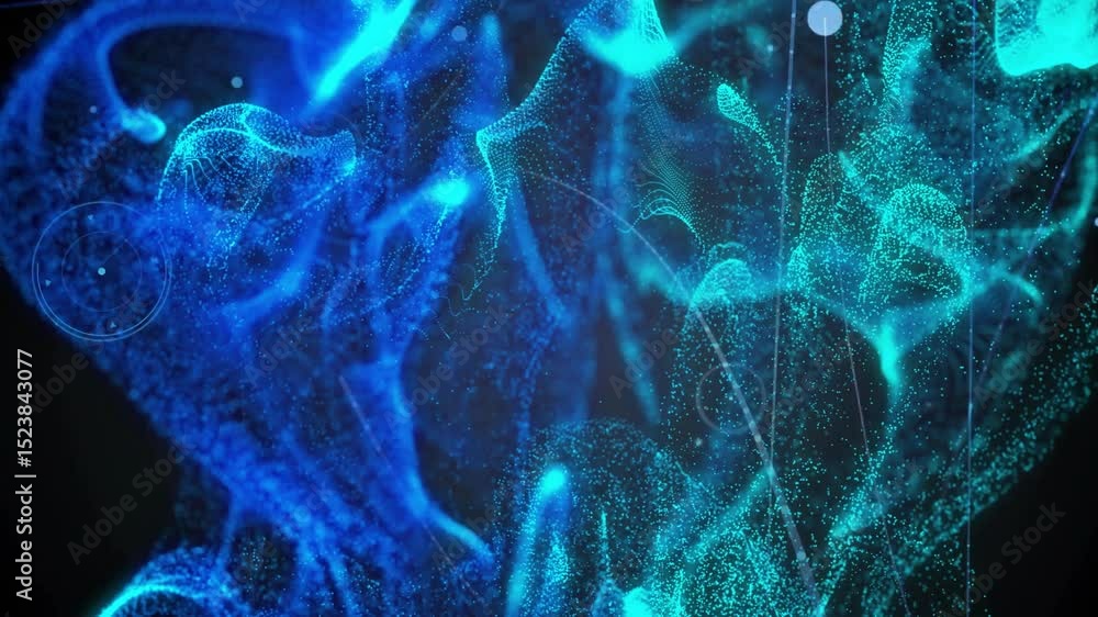 Poster at start blue sphere dissolving into particles, beam sweeping flare, hud graphics visualizing data
