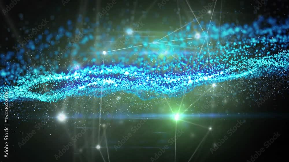 Poster faint blue clusters emerging forming glowing ribbon pulsing and drifting right showing data flow