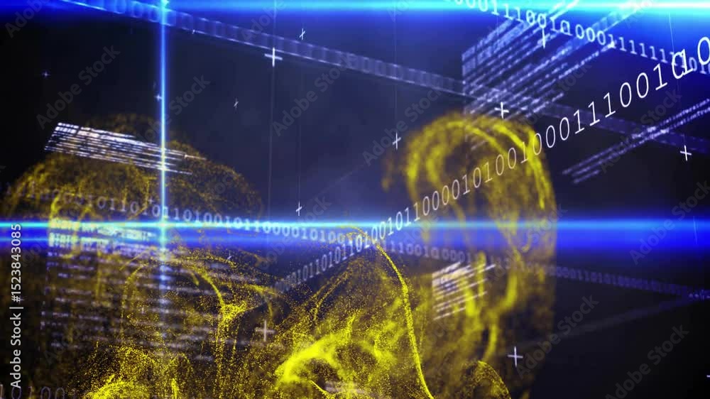 Poster blue beam sweeping initiating particles forming lobes as code panels shifting visualizing data flow