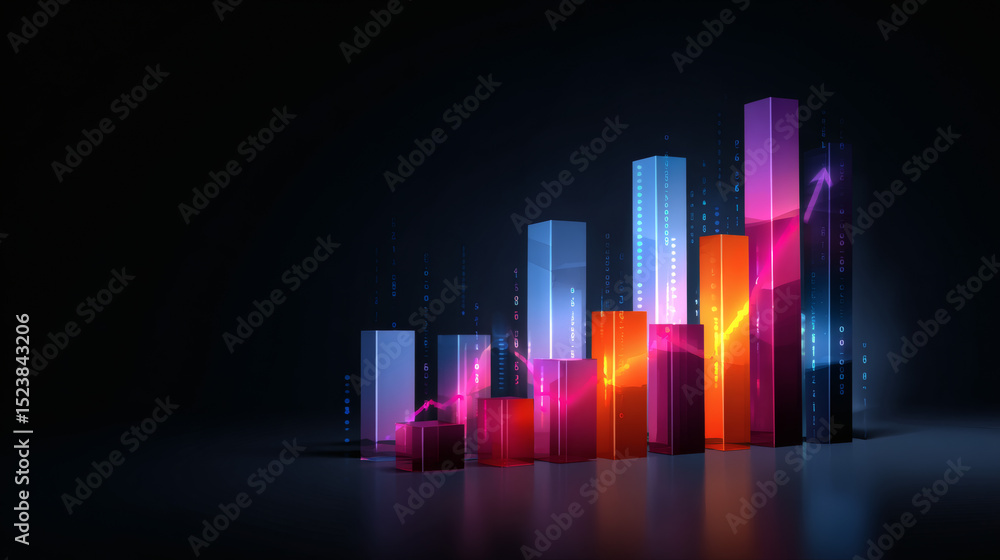 Poster a colorful 3d bar chart with digital effects on a dark background, representing data analysis and bu